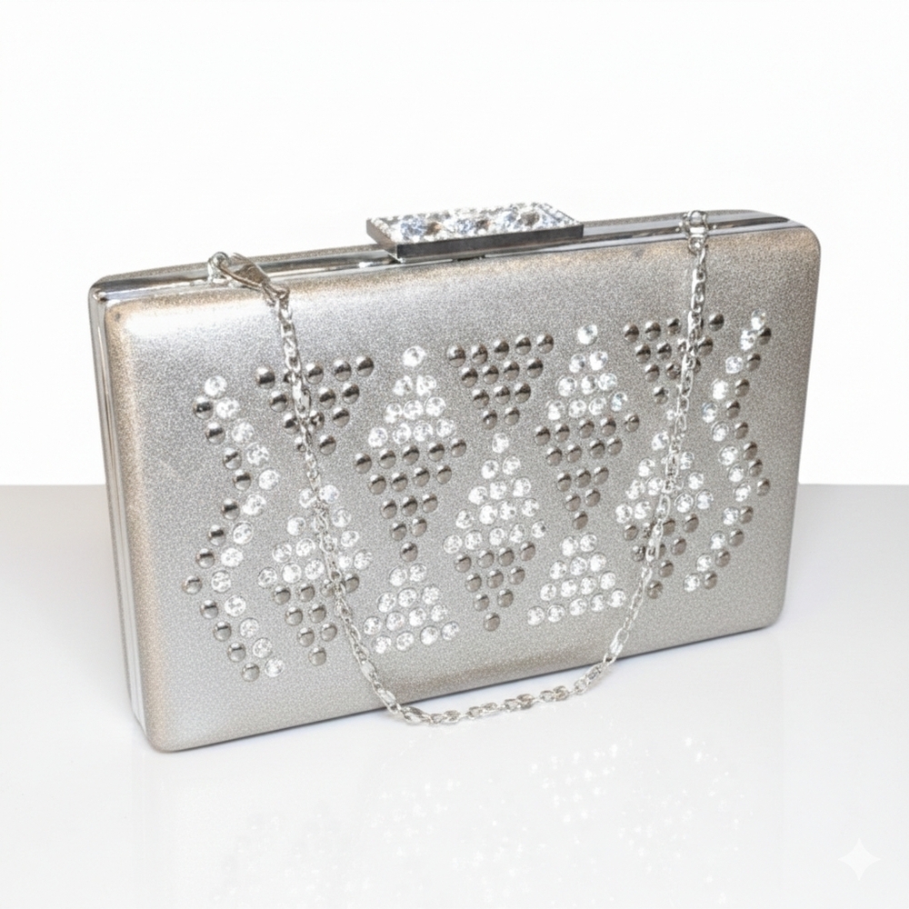 Shimmer Taupe Hard Shell Clutch Rhinestone Evening Bag Formal Wedding Prom